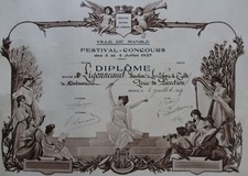 Affiche 1927 diplôme Festival musique Ville de Mansle harpe lyre 55x45cm 222