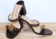 Brown Leather Sandals Mules Heel Block Damier Flower LOUIS VUITTON 38,5FR 7US