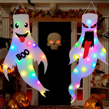 Light Up Ghost Decorations - 2 Pack LED Hanging Halloween Decor for Yard & Porch
