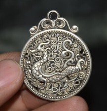 1.8 "Chine argent Feng Shui caractère Dragon bête plaque ronde pendentif