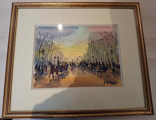 Aquarelle  signée Emmanuel Bellini (1904-1989) représentant calèche et promeneur