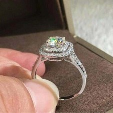 Bague de fiançailles double halo VVS1 ronde en or blanc 14 carats de plus de ...