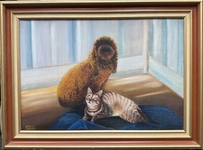 TABLEAU HUILE SUR TOILE DE R. BROCH - CHIEN ET CHAT - 64 X 48 CM