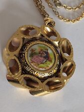 Bijoux Fantaisie Vintage - Collier Médaillon  or de Tolède Damascène Porcelaine 