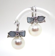 Boucles Mimì en or Blanc 18k Avec Ruban, Diamants, Aigue-Marine Lait Et Perles