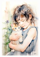 Tableau création originale -  Illustration Artistique "Enfant et Chaton"