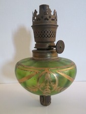 LAMPE TOUPIE DE PIANO A PETROLE VERT DECOR EMAILLE OR OIL PETROL LAMP KOSMOS