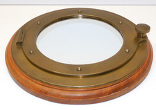 -MIROIR Forme HUBLOT de BATEAU LAITON ou BRONZE/BOIS  déco XXe GLACE MURALE D