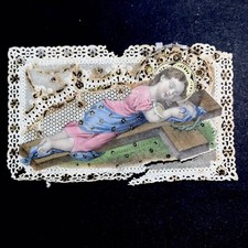 Ancienne XIXe IMAGE PIEUSE DENTELLE Polychrome Enfant Sur La Croix
