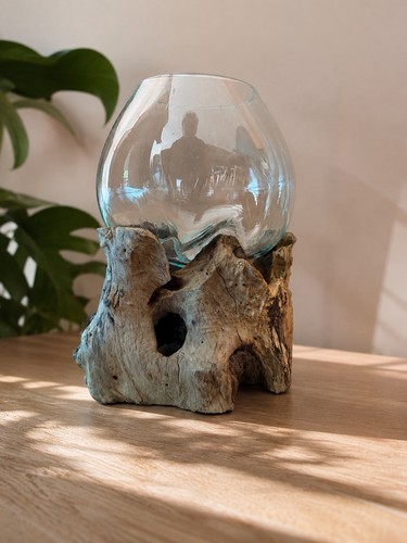Vase verre soufflé sur bois - verre,