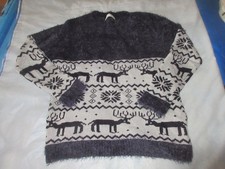 pull marine et gris poilu à motif rennes et flocons taille M