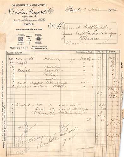 Facture 1913 orfevrerie et - facture,