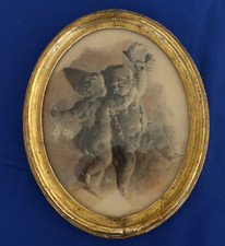 DESSIN Fusain Pastel Amours Chérubins Putti et Guirlande de Fleurs XVIIIème
