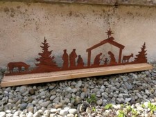 Crèche en rouille noble Nazareth sur bois table de l'Avent décoration métal f...