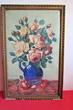 SUPERBE  TABLEAU  ANCIEN  BOUQUET de ROSES  AQUARELLE  SOUS VERRE signée