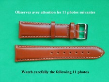 22 mm SOLIDE BRACELET CUIR VEAU BOX MARRON FAUVE COUSU BLANC 18 mm COTÉ BOUCLE