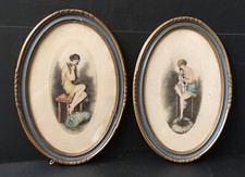 PAIRE GRAVURE AQUATINTE SOUS VERRE SIGNE J. DORVAL FEMME ART DECO CADRE OVAL