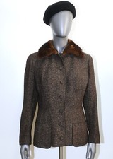 Vintage 50s Brown Mottled Wool Mink Fur Collar Fitted Jacket DAN MILLSTEIN Sz S