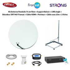 Kit Parabole 75cm fibre + Support Balcon + LNB Single + Décodeur SRT7407 Fransat