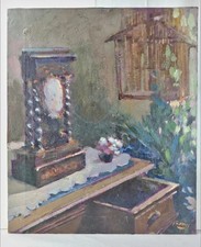 Tableau Ancien Huile Impressionniste XXème. Scène d'intèrieur. Chambre.