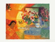 Nancy DELOUIS BOUQUET DEVANT LA LAMPE lithographie signée