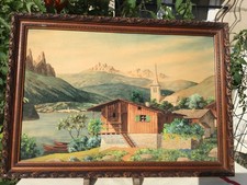 ANCIEN TABLEAU HUILE S/PAPIER CHALET VILLAGE MONTAGNE  48 cmX 30 SIGNÉ A.BOUCHER