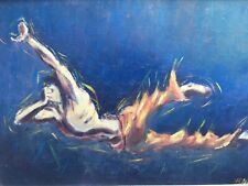 Très belle peinture Surréaliste Huile Panneau Carton La Chute A Identifier 1950