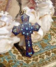 ANCIENNE CROIX pendentif en LAITON et ÉMAUX CLOISONNÉS fin XIXe
