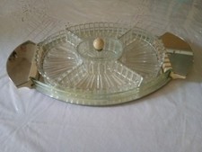 PLATEAU apéritif MIROIR oval + 5 compartiments verre moulé pressé ca.1940