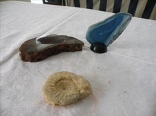 LOT 3 PIERRES MINERAUX FOSSILE agate bleue et socle agate brune ammonite gemme