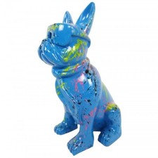 Statue chien bouledogue Français à lunette multicolore en résine fond bleu - 37 
