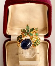 BAGUE ANCIENNE VERMEIL ARGENT MASSIF 925 Pl OR SAPHIR ET EMERAUDE NATUREL  55-57