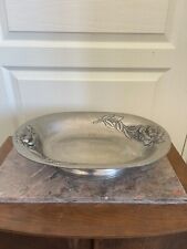 Ancien Plat Corbeille Fruit Etain FAIT MAIN Décor Rose Fleurs 36 x 26 cm