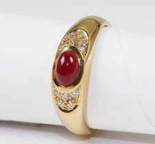 Bague En Or 585 14 Carats Avec Rubis - Cabochon, Diamant Brillant 0,10 Ct.