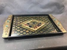 Ancien plateau de service de table en bois décoré laiton et perles début 20ème