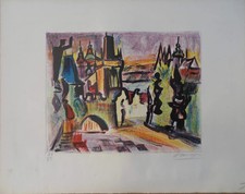François DESNOYER : Le pont de Prague - Lithographie originale signée