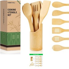 Wooden Cooking Utensil Set Kitchen Bamboo Wood Spatula Spoon Fork Holder 7 Pcs.