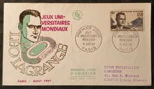 ENVELOPPE FDC 1957 LÉO LAGRANGE JEUX UNIVERSITAIRES 18F DE DECARIS PARIS 75