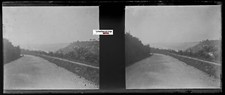 Paysage, route, Plaque verre photo stéréo, négatif noir & blanc 4,5x10,7 cm