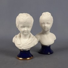 Couple Bustes Enfants Porcelaine Biscuit Capodimonte Base Blu Or Vintage Ans 60
