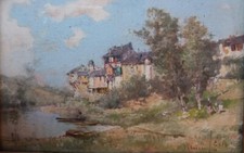 Tableau - Maurice Lévis  - Huile sur papier - Les Bords de la Vézère - Dordogne