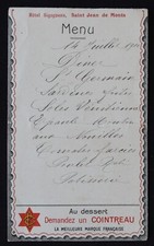 Menu Hôtel SIGOGNEAU Saint-Jean-de-Monts publicité COINTREAU restaurant card