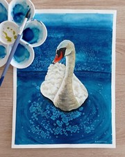 Cygne, Peintures originales à l'aquarelle, art moderne, tableau 32x24cm