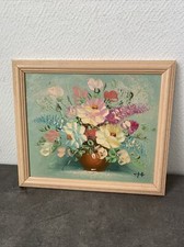 ancien cadre peinture fleurs bouquet signe deco retro Signe JO
