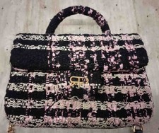 Petit sac à main femme – Tissu effet tweed – Rose et noir – Bandoulière réglable