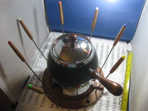 Vintage fondue set steel pot - set,