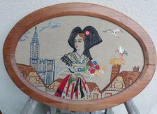 TABLEAU BRODERIE ANCIENNE ALSACE ALSACIENNE CIGOGNES CATHÉDRALE STRASBOURG