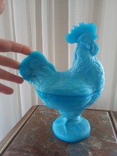 PORTIEUX OPALINE BLEU Turquoise - Bonbonnière zoomorphe COQ - H22cm