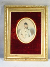 ANCIEN TABLEAU PORTRAIT AQUARELLE GENTILHOMME CHASSE CAVALIER VENERIE NAPOLEON 3