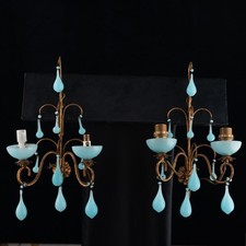 Pair Antique Italian Sconces Opaline Glass Blue  Drops Wall Lights 1950s Murano